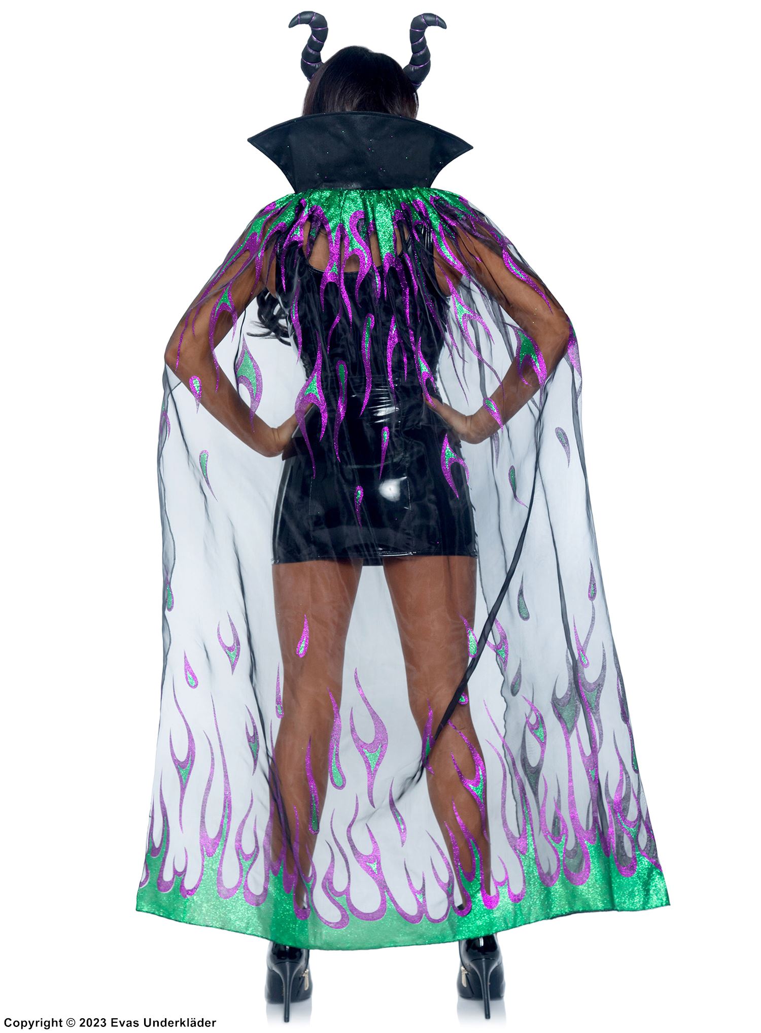 Maleficent fra Tornerose, kostyme-cape, glitter, flammer